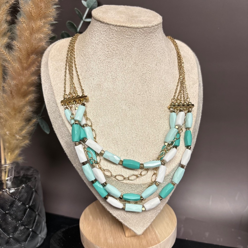 New York & Company Teal & White Necklace‎ | Gold Tone Chain | Rectangle Acrylic